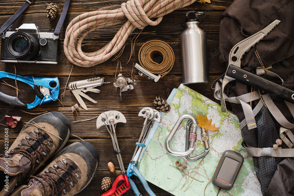 Wall mural equipment necessary for mountaineering and hiking