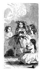 Vintage black and white engraving, girls game indoor, mimicking musical instruments wearing crowns of leaves