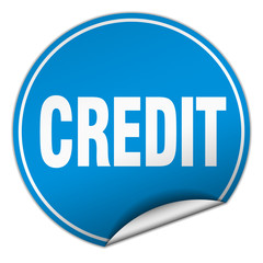 credit round blue sticker isolated on white