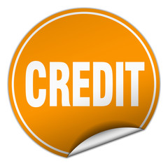 credit round orange sticker isolated on white