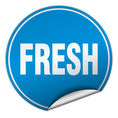 fresh round blue sticker isolated on white