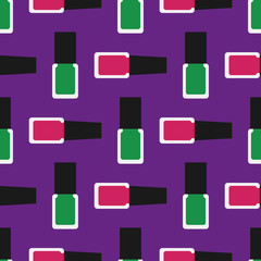 Nail polish seamless pattern 3. Green and crimson nail polishes or nail lacquers on a purple background.