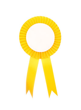 Yellow fabric award ribbon isolated on white background