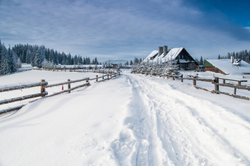 Fototapeta na wymiar Zasypana śniegiem droga w górach, Gorce