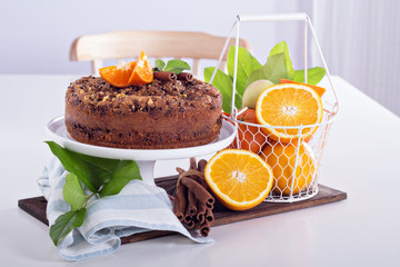 Coffee cake with oranges, nuts and chocolate