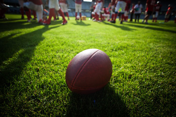 Close up of an american football on the field, players in the ba