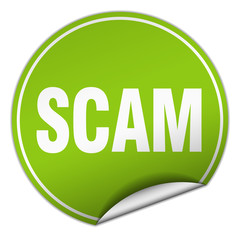 scam round green sticker isolated on white