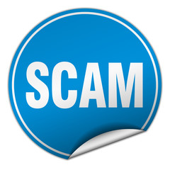 scam round blue sticker isolated on white