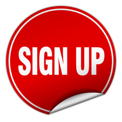 sign up round red sticker isolated on white