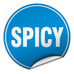 spicy round blue sticker isolated on white