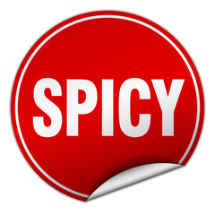 spicy round red sticker isolated on white