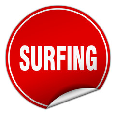surfing round red sticker isolated on white