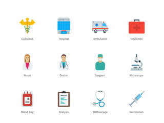Hospital and Medicine color icons on white background.