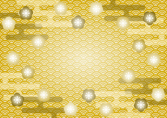 梅の花と和柄の背景模様イラスト（金色）