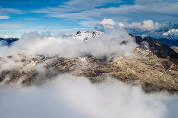 View of Cordillera Real mountain range from high camp of climbers under Huayna Potosi mountain in Bolivia
