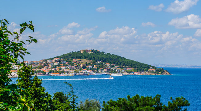 View over istanbul and buyukada island taken from the monastery of saint george on the top of buyukada island - part of princes islands - in turkey.