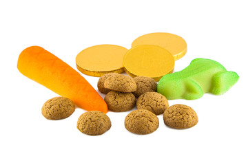 Pepernoten chocolate money and marzipan on white