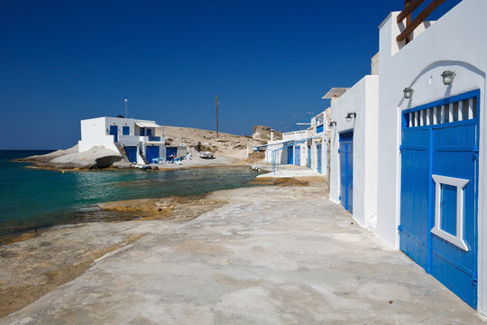 Village of Agios Konstantinos on the coast of Milos island, Greece