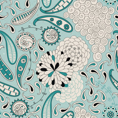 Vector seamless pattern with abstract flowers and paisley on light blue background of the texture. Seamless patterns are used in textile design, postcards, calendars, websites, wallpapers, packages.