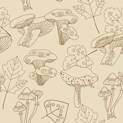 Stock vector seamless pattern with mushrooms and leaves. Seamless patterns are used in textile design, postcards, calendars, websites, wallpapers, packages.