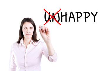 Businesswoman choosing Happy instead of Unhappy. 