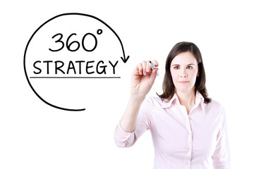 Businesswoman drawing a 360 degrees Strategy concept on the virtual screen.