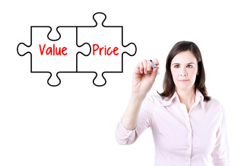 Businesswoman drawing a Value Price puzzle concept on the virtual screen.