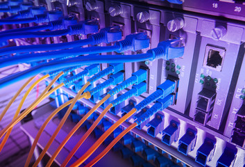 Fiber Optic cables connected to an optic ports and Network cable