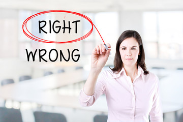 Choosing Right instead of Wrong. Right selected with red marker. Office background.
