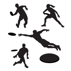 Men playing ultimate frisbee 4 silhouettes - obrazy, fototapety, plakaty