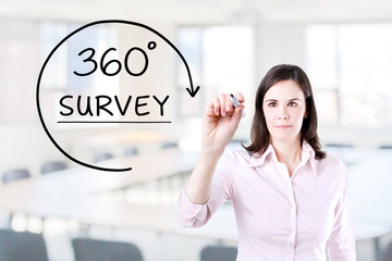 Businesswoman drawing a 360 degrees Survey concept on the virtual screen. Office background.