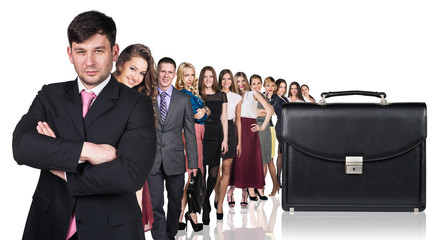 Black briefcase foreground and business peole 