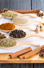 Spices and herbs in  bowls.
