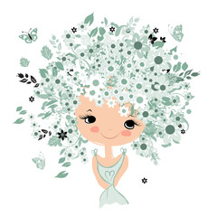 Female portrait with floral hairstyle for your design