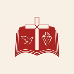 Church logo. Cross, dove, grapes, Bible, icon