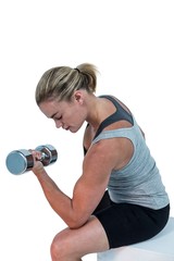 Muscular woman working out with dumbbells 