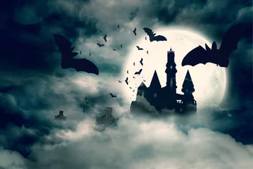 Deurstickers Kasteel Vleermuizen vliegen naar het kasteel van dracula