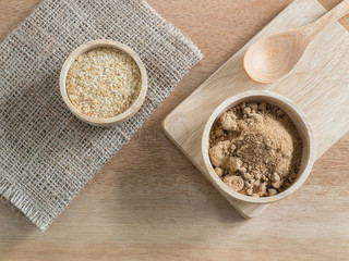  Ingredient grain, wheat germ and  Brown sugar  in wooden bowl