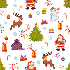 Christmas seamless pattern with Santa, pine, deer and other