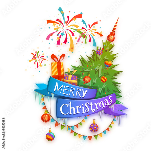 &quot;Merry Christmas banner with pine, gifts and firework. Vector&quot; Stock image and royalty-free