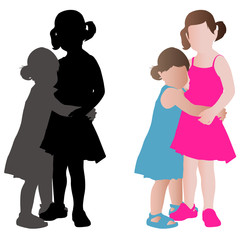 two adorable little girls in summer dresses hugging - vector