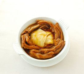 Braised goose webs & mushrooms.	chinese cuisine. yumcha, chinese food. 


