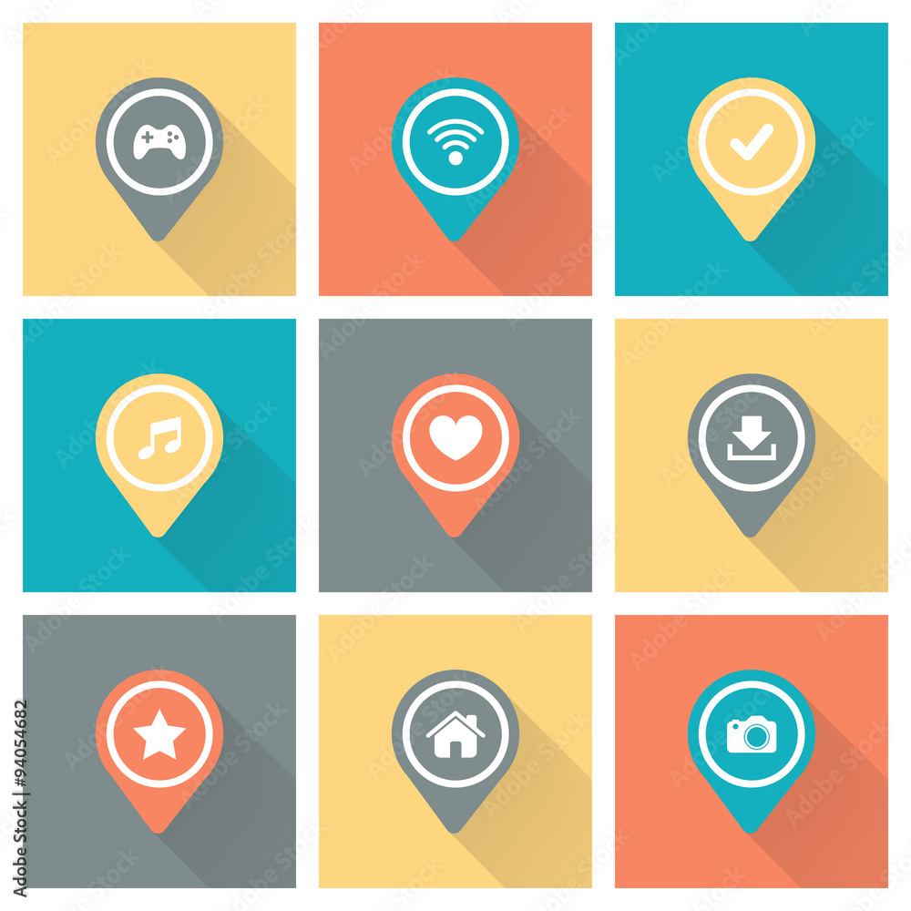Poster Set of color pointers and markers for map and plan with icons on color background with long shadow. Vector illustration