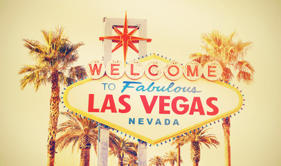 Retro cross processed Welcome To Las Vegas Sign, USA.