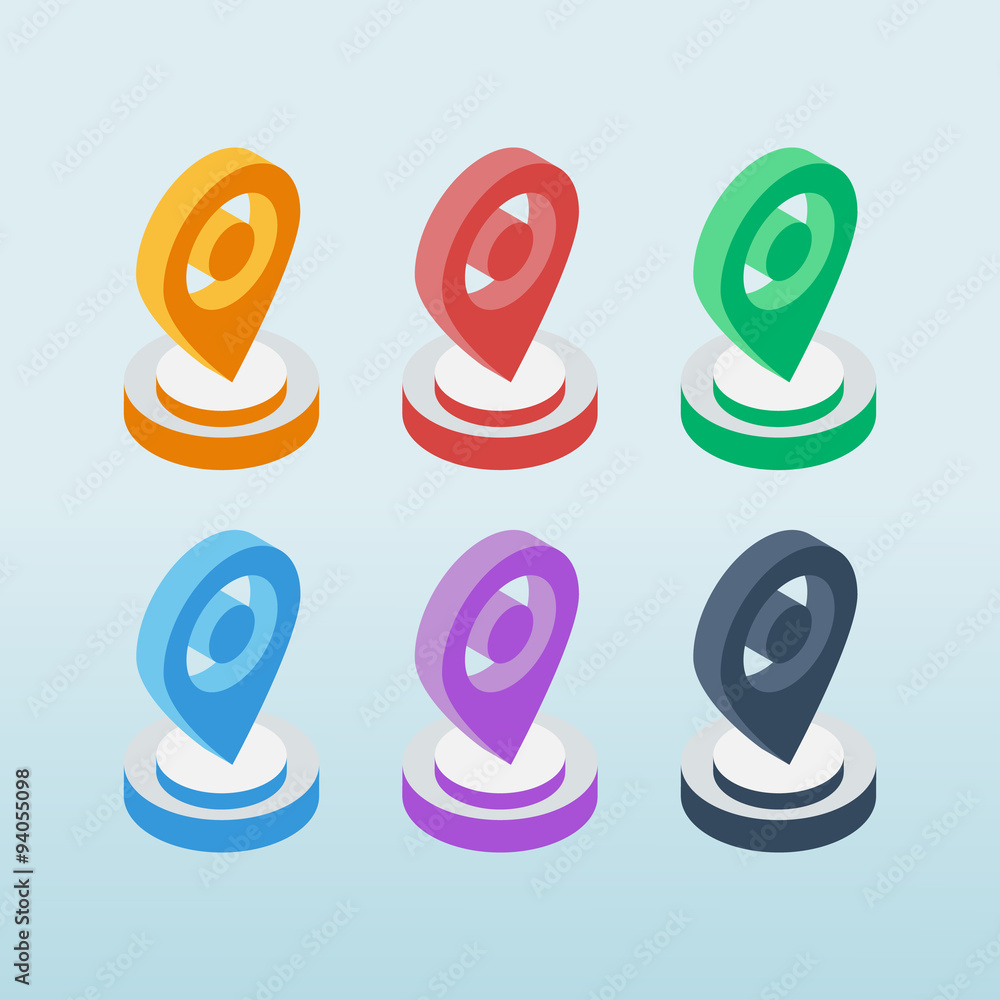 Poster Set of isometric map pointers. Color map pin icons. Vector illustration.