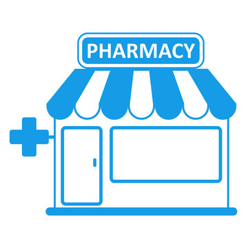 Icono plano tienda con texto PHARMACY azul