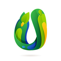 U letter volume ecology logo with leaves and water drops