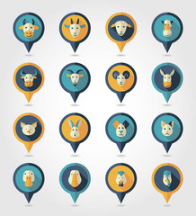 Fototapeta premium Farm animals mapping pins icons