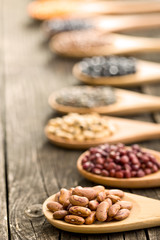 various dried legumes in wooden spoons