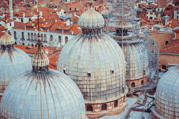 Aerial view of Venice from San Marco tower. Houses, roofs and the doms Church of San Giorgio Maggiore.